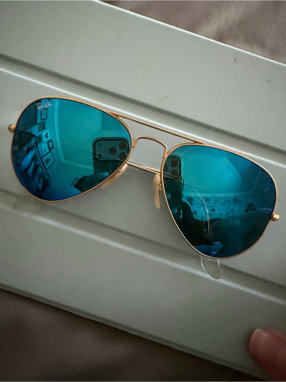 Ray-Ban Aviator Sunglasses - Gold Frame with Teal-Blue Mirrors EUC like new
